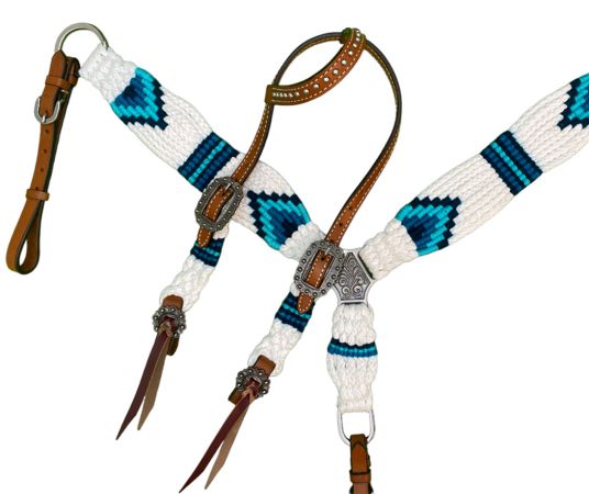 Showman Pony Size Corded One Ear Headstall &amp; Breast collar set - white and teal #2